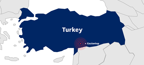 Kaart met het epicentrum van de aardbeving in Turkije