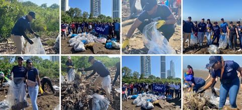 Collage de fotos de participación del equipo DSV Panamá durante la Jornada de limpieza de playa en Costa del Este.