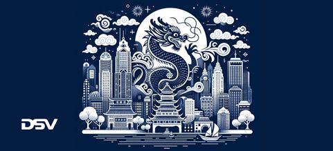Imagen de dragón en ciudad china, en referencia al Año Nuevo Chino. Generado con inteligencia artificial.