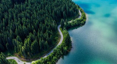 Carretera en la bahía, de un lado el mar y del otro un bosque.