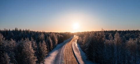 solnedgang skog og snødekket vei