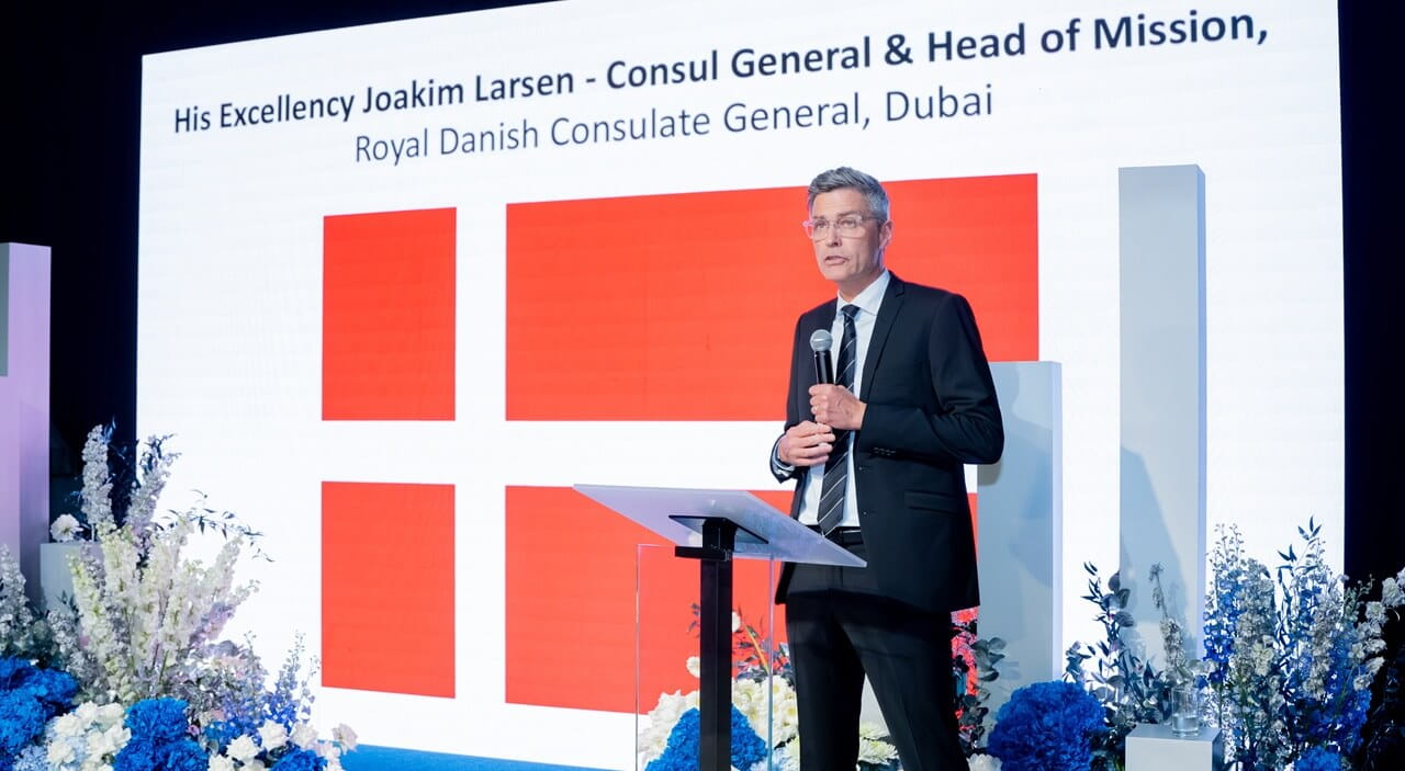 Royal Danish Consulate, Joakim Larsen gives a speech at the opening of DSV's new warehouse in Dubai