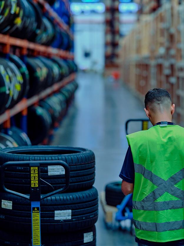 A warehouse worker in a neon green vest pulls a stack of tires on a pallet jack.