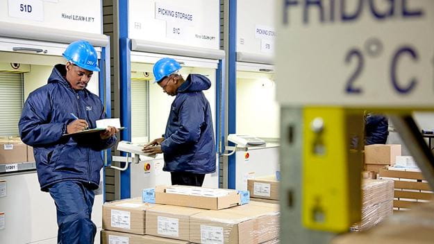 Image of a temperature-controlled storage area to be used for storing pharmaceutical, food, or chemical products.
