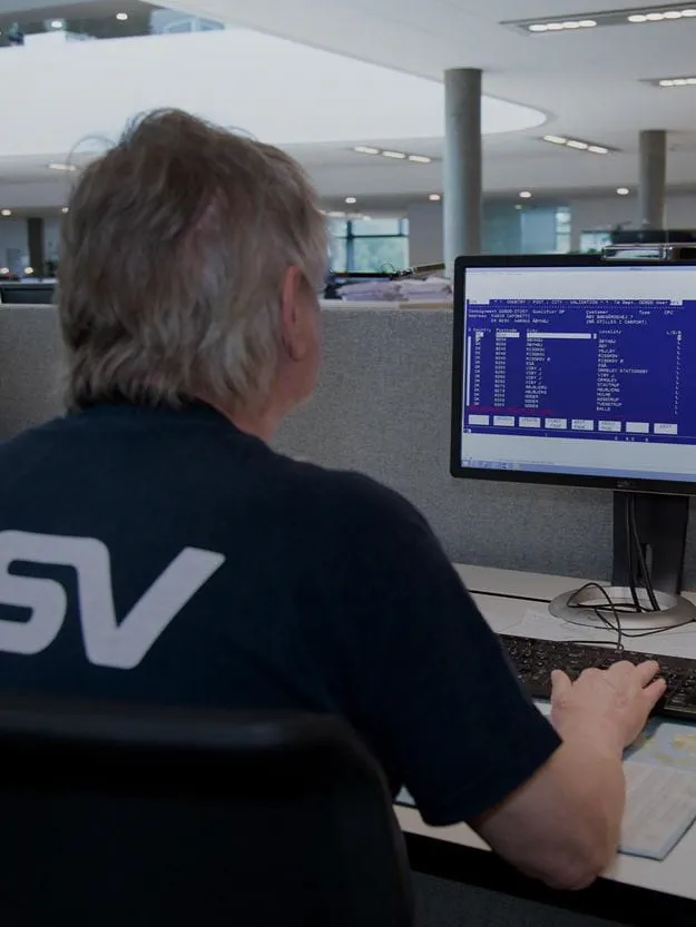 A man in a DSV shirt works at a computer.