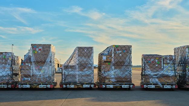 Palletized cargo at airport.