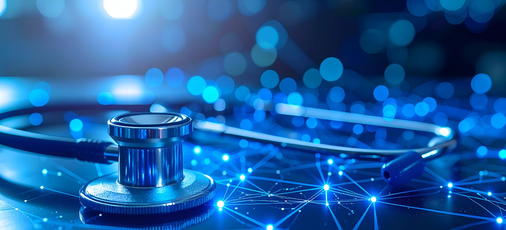 Stethoscope on a digital healthcare network background representing connected medical technology.