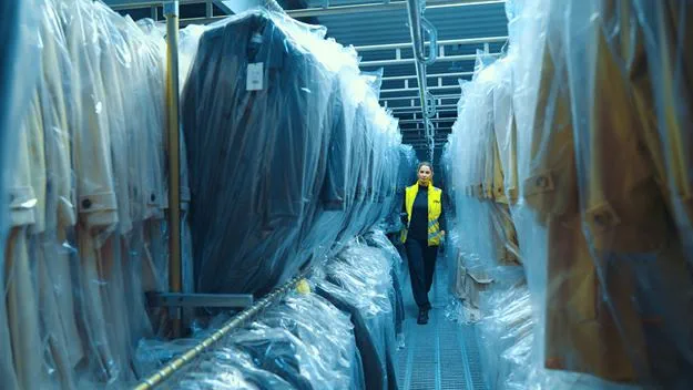 A woman staff in a DSV yellow vest is walking through a warehouse aisle filled with garment bags.