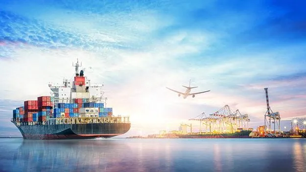 Container ship at port with gantry cranes and departing airplane.