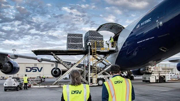 A freighter chartered by freight forwarder DSV A/S unloads cargo at the Huntsville International Airport in Huntsville, Ala.