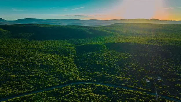 Aerial view of green hills, a road, and sunset sky
