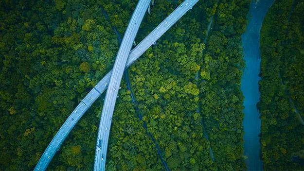 An aerial view shows two parallel highways cutting through dense green forest alongside a narrow waterway.