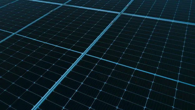 Close-up view of a large array of blue solar panels arranged in neat rows