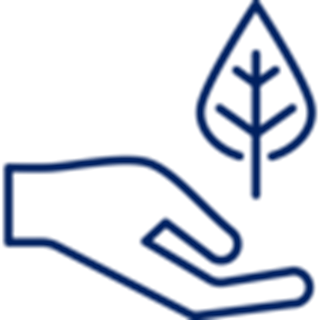 Ícono color azul marino de una mano sosteniendo una hoja