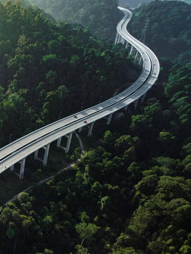 Electric vehicle driving on the open road among tall green trees