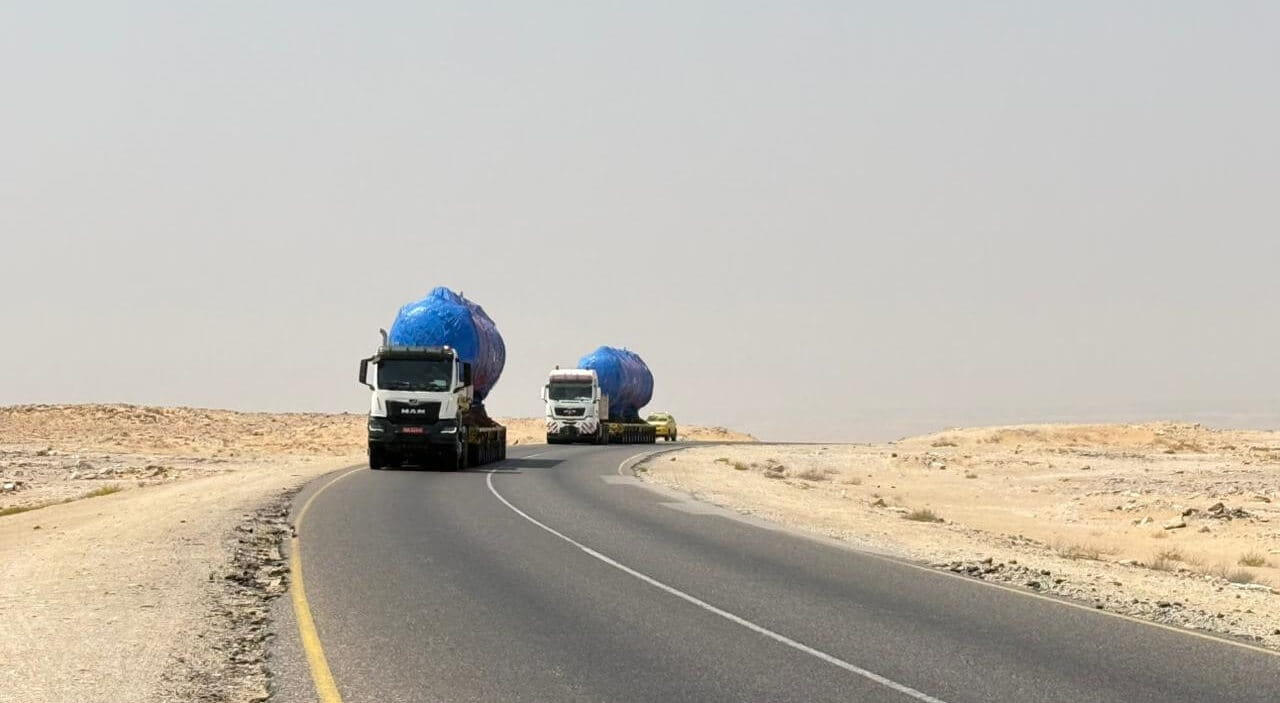 3 heat exchangers being transported via specialised road transport from a port in Oman to Sur