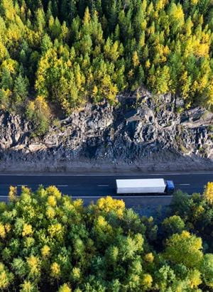 Nachhaltigkeit LKW auf Landstraße im Wald
