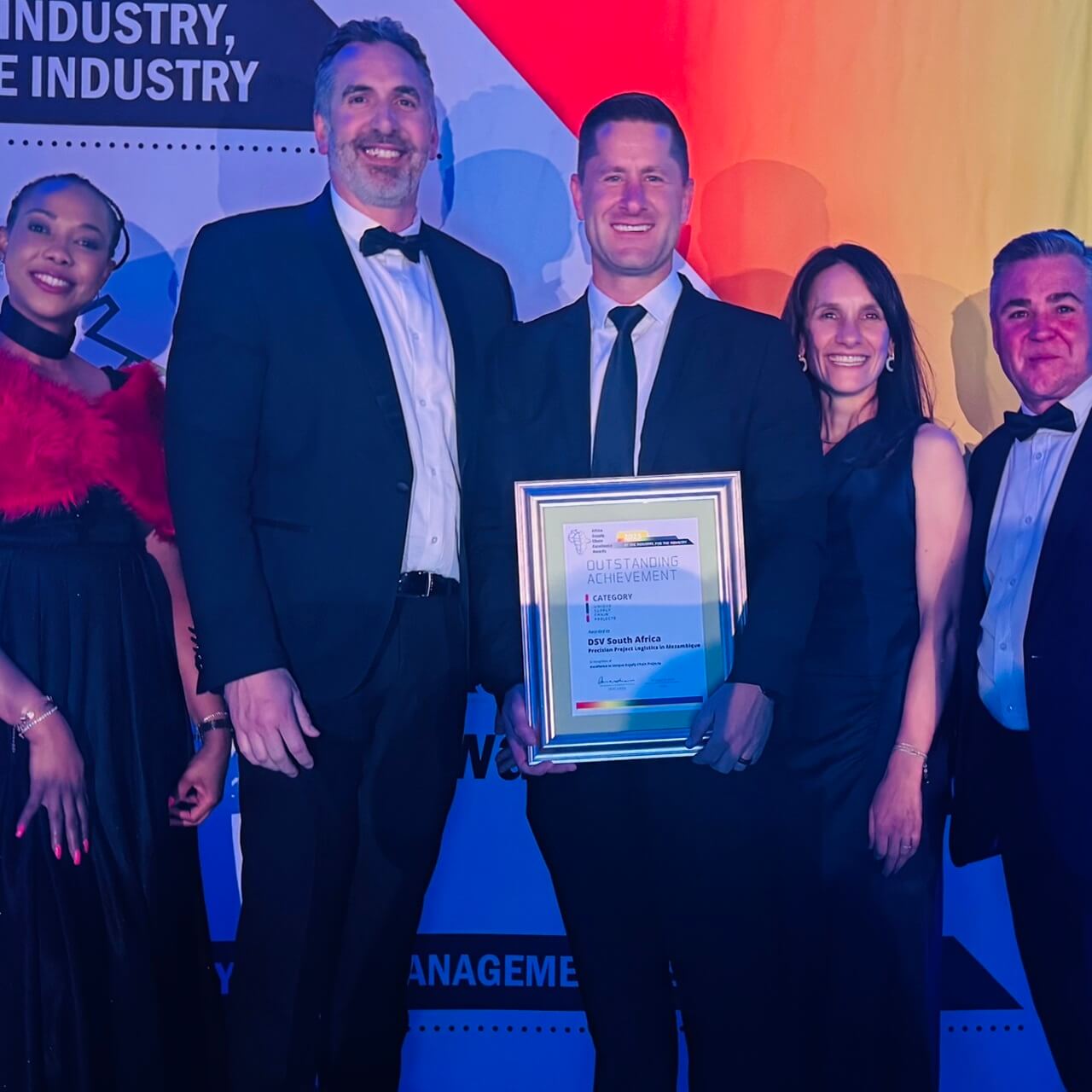 The DSV team posing for a photo at the ASCEA with two awards for project transport and sustainable logistics in South Africa
