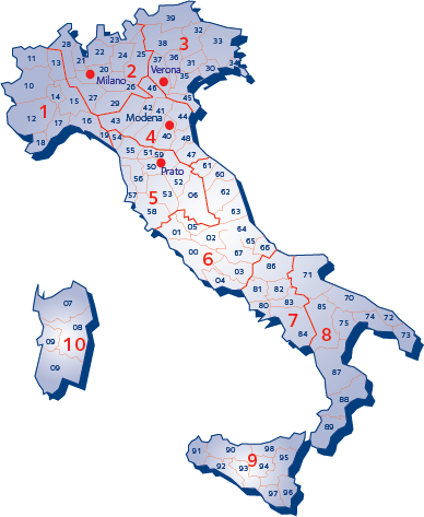 Italian postinumerokartta, johon on merkitty DSV:n hinnoittelualueet 1-10.